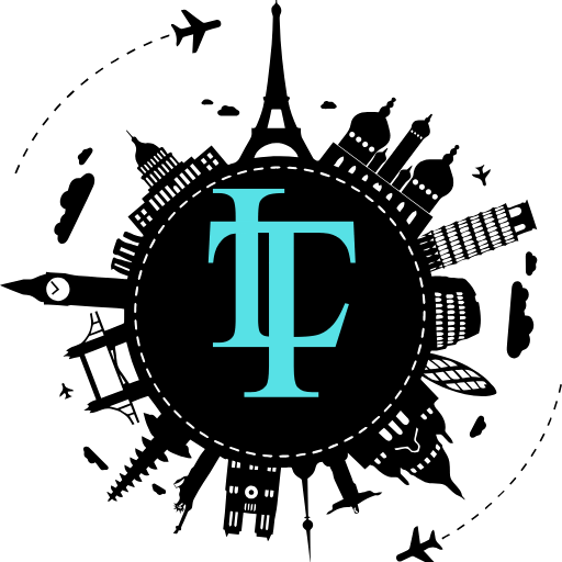 A minimalist logo featuring the letters "TL" in light blue, surrounded by silhouettes of famous landmarks and airplanes in flight.